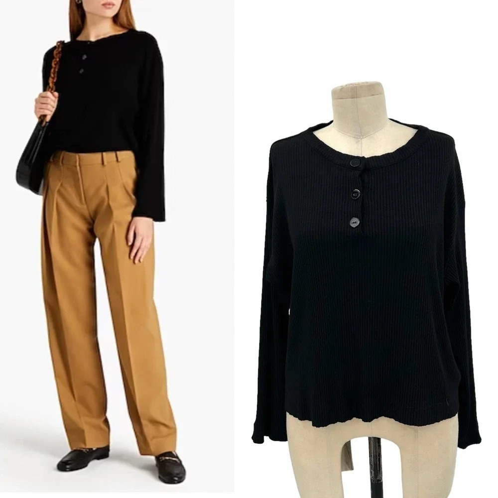 Enza Costa Black Ribbed Boxy Henley Long‎ Sleeve Crop Top Size Small